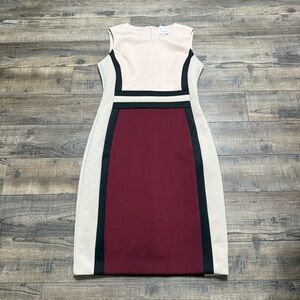 Calvin Klein Tri-Tone Midi Dress - Cream, Black, Burgundy Size 6